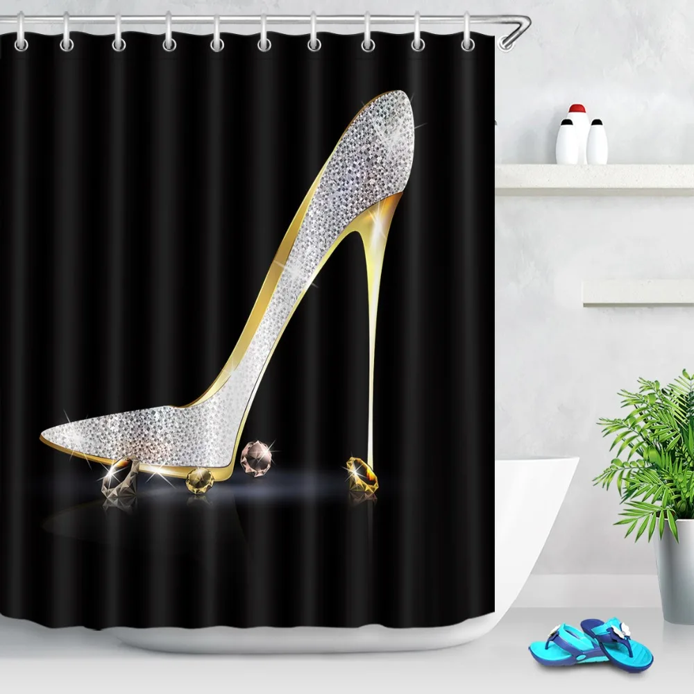 

Gold Crystal High Heels Pattern Shower Curtains Fashion Diamonds on the Black Bathroom Waterproof Fabric for Girl Bathtub Decor