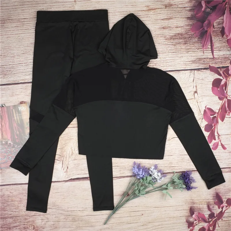 

New Mesh Patchwork Tracksuit Crop Hooded Top Tanks And Leggings Sporting 2 Pieces Sets Women Gym Sets