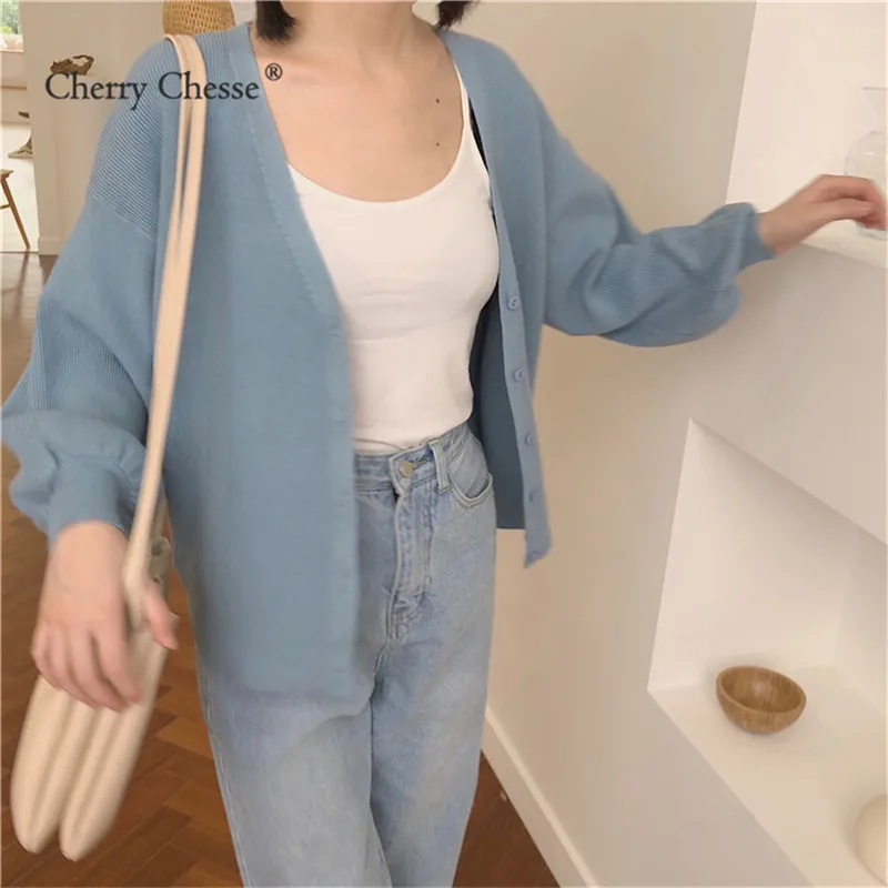 Cherry Chesse Sweet Solid Women Sweater Button V Neck Tops Autumn Casual Slim Female |