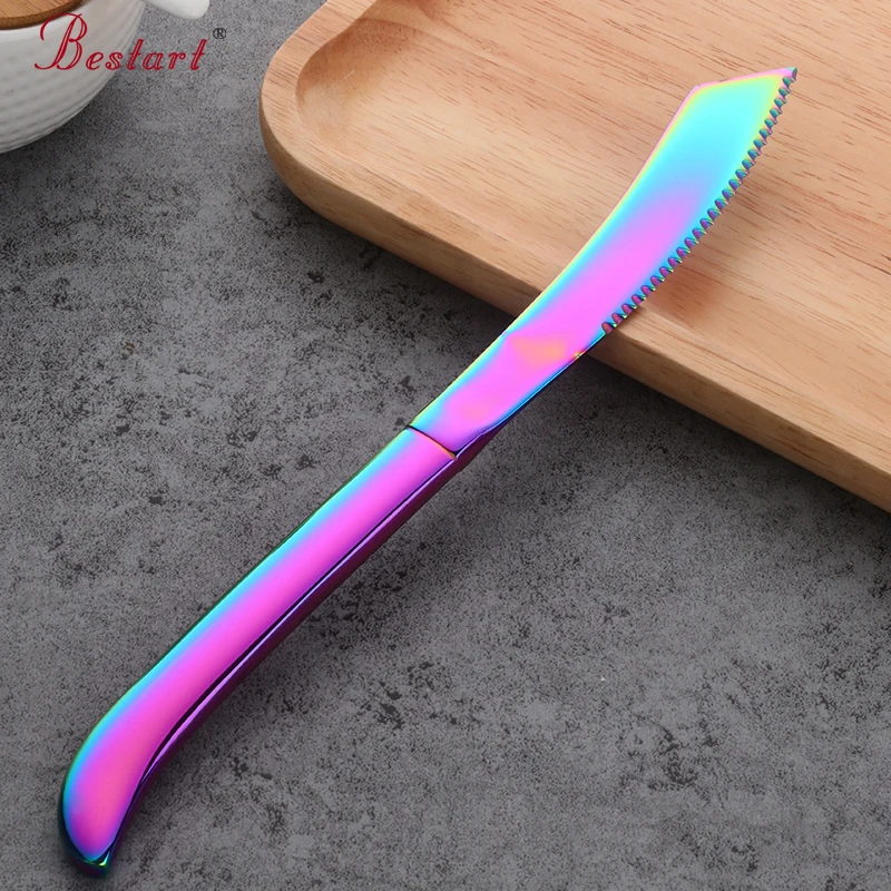 7PCS Rainbow Colorful Steak Knife Sharp Set Polished Stainless Steel Kitchen Dinnerware Restaurant Cutlery Western Food Knife