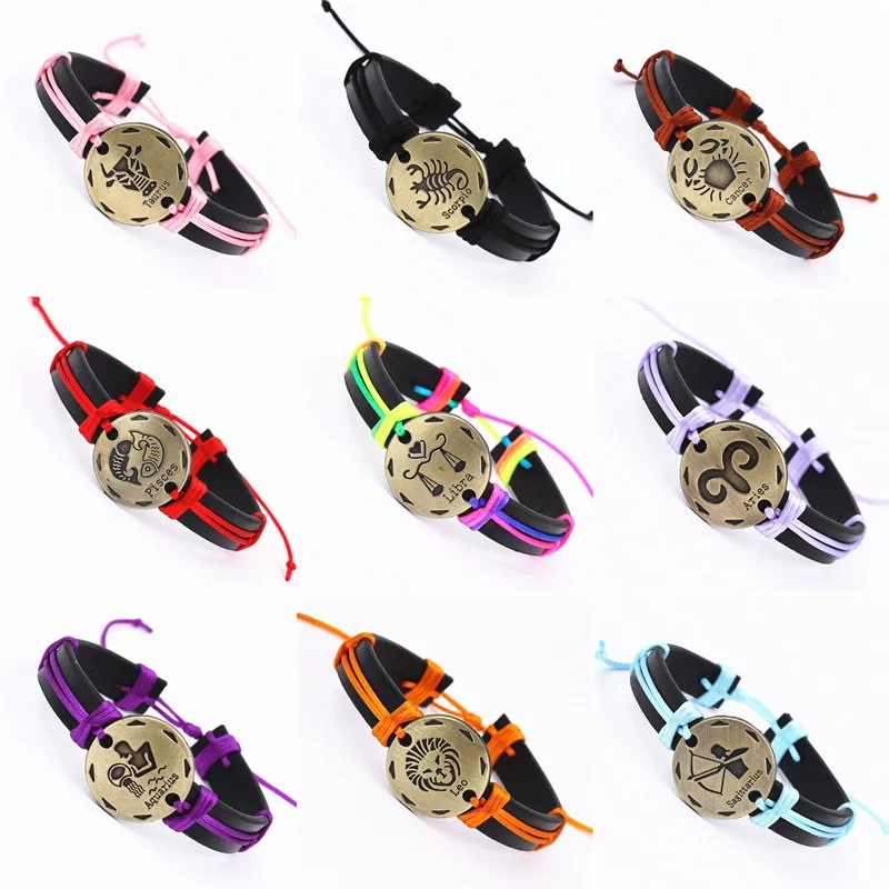 Мужской/женский кожаный браслет плетеный с 12 знаками Зодиака в стиле