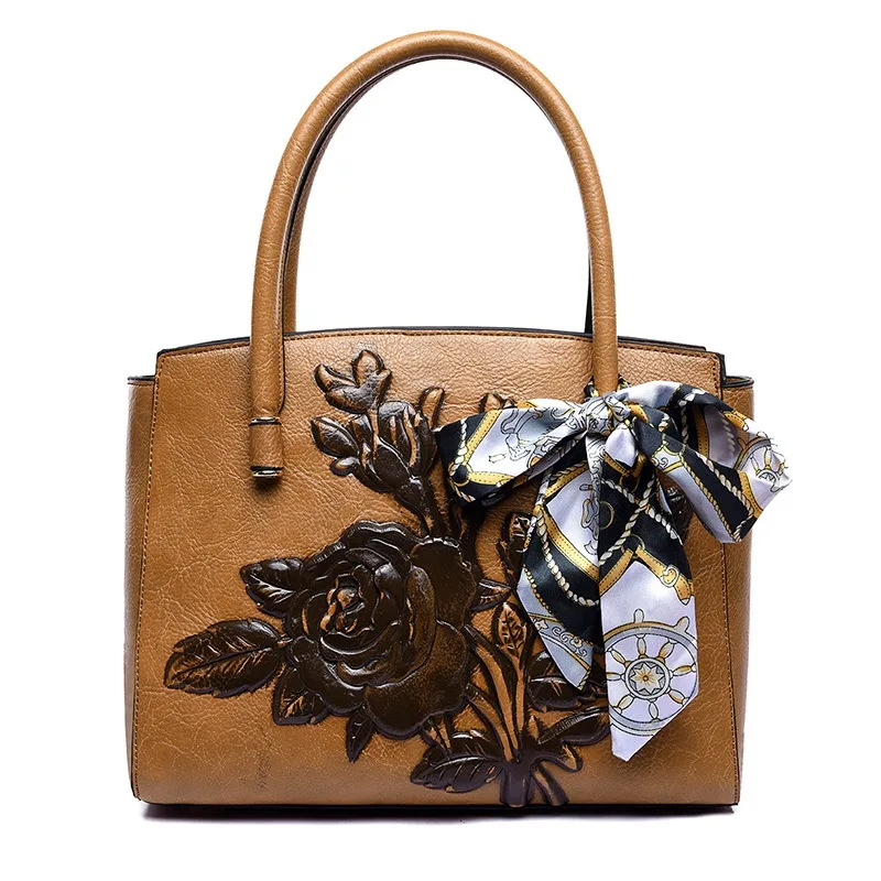 Yellow Brown Bolsa Feminina, женская сумка из искусственной кожи, зеленая роскошная сумка, женская сумка-мессенджер с тисненым цветочным рисунком, брендовая Сумка-тоут зеленого и красного цвета - Цвет: Yellow Brown