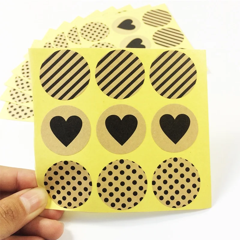

900 Pcs/lot Vintage Fashion Heart Dot Twill Round Kraft Paper Sticker For Handmade Products Gift Seal Sticker Label Scrapbooking