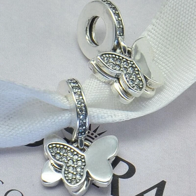 Подвеска стразы из серебра 100% пробы с 2 бабочками подходящая для европейского