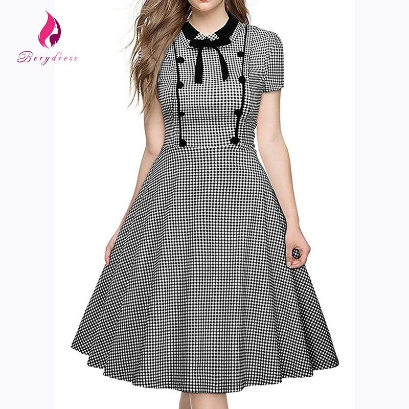 Berydress vintage 1950 s женщин отложным воротником с коротким рукавом коктейль swing dress