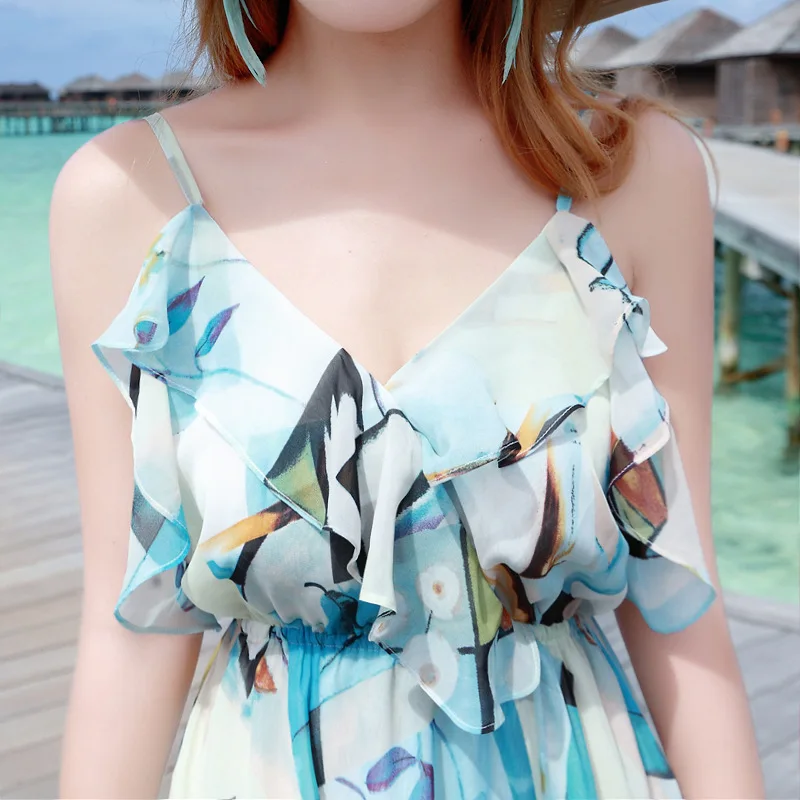 Лето v образным вырезом шифон с спинки леди пляжное платье в богемном стиле на