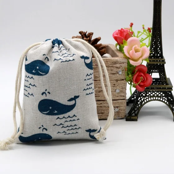 blue fish 10pcs/lot Cute Linen Drawable Cotton Bags 9x12cm Handmade Travel Packaging Pouches Dry Small Cloth Jewelry Cotton Bags for Party - Цвет: blue fish