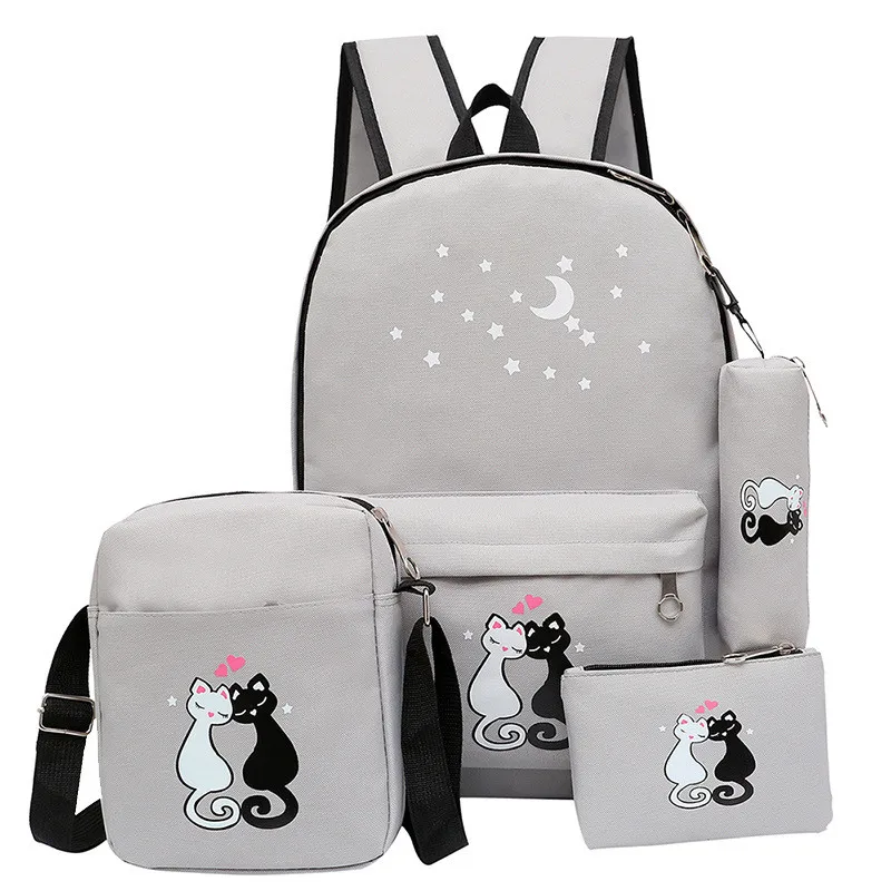 4Pcs/Set Women Backpack Schoolbag Canvas Cat Pattern School Bag For Girls Laptop Female Shoulder Bagpack Sac A Dos | Багаж и сумки