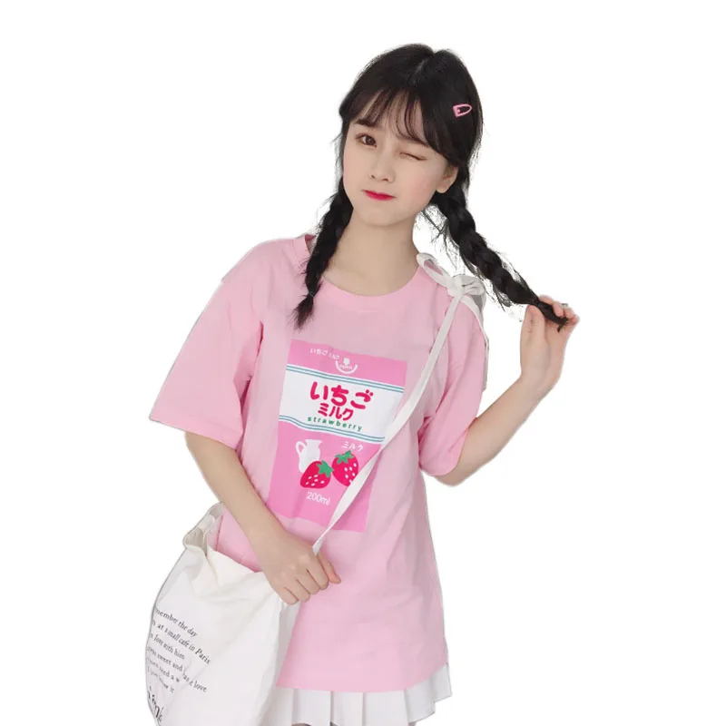 Harajuku Kawaii Strawberry Milk T Shirt Women Summer Korean Ulzzang Cute Short Sleeve Tshirt Tops Schoolgirl Clothes | Женская одежда
