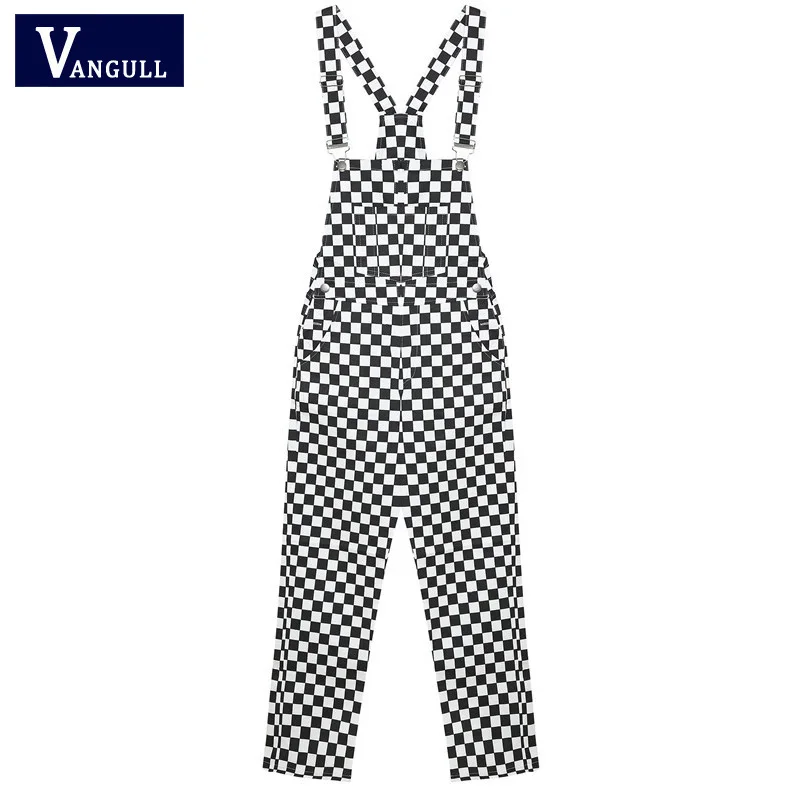 Черный Vangull 3XL новые ретро хип-хоп черные белые клетчатые комбинезоны для женщин Harajuku длинные штаны комбинезон размера плюс - Цвет: Черный
