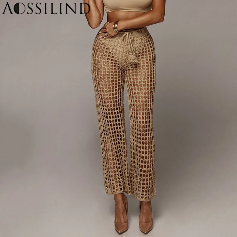 Женские трикотажные брюки связанные крючком AOSSILIND летние открытые пляжные