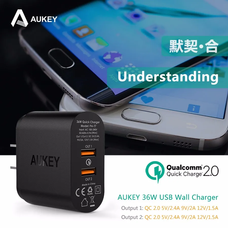 AUKEY 2 Порты быстрая Зарядное устройство 2,0 USB Smart стены Зарядное устройство Адаптивная США ЕС Plug с Micro USB кабель для передачи данных QC 2,0 быстрое зарядное устройство для путешествий