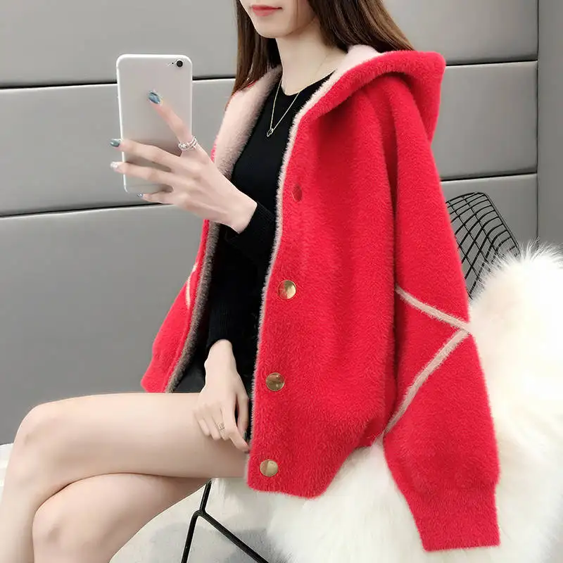 2019 Spring Autumn Fashion Women Long Sleeve Short Hooded Solid Knitting Coats Imitate Mink Villus Cardigan Sweater Clothes A09 |