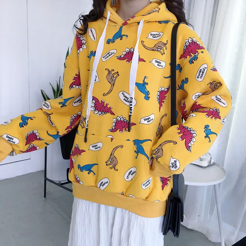 Ulzzang осенний женский Harajuku модный свитер Повседневный большой размер свободный M-2XL динозавр мультфильм с капюшоном ins пуловеры толстовка