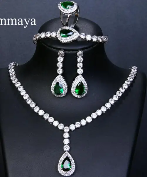 green Роскошь emmaya большой серебряный цвет ослепительный кубический циркониевый Свадебный комплект ювелирных изделий 4 шт. ожерелье браслет кольцо для индийских женщин - Окраска металла: green