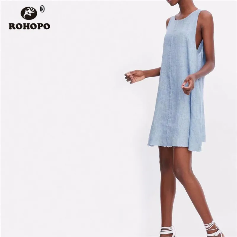 ROHOPO Sky Blue Linen Cotton Sleeveless Baggy Dress Summer Female Chic Trim Flared Mini Girl Breathable Dresses #AZ9254 | Женская одежда