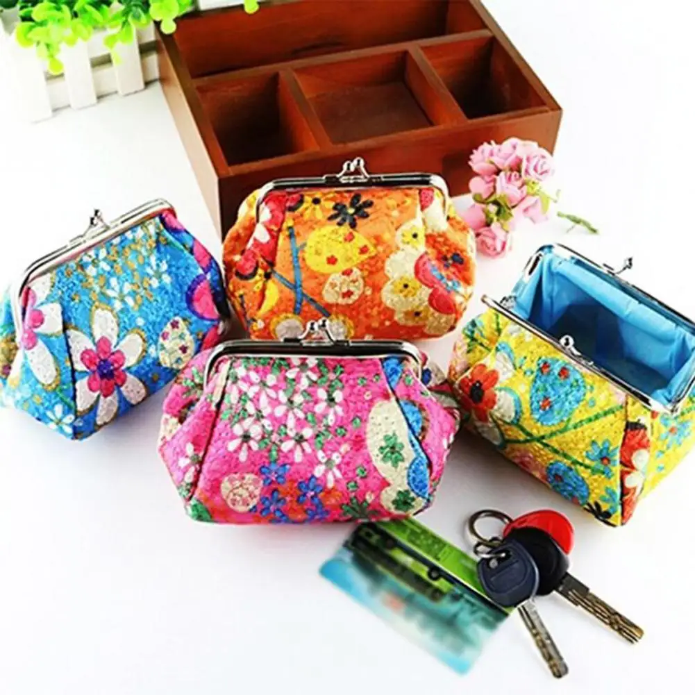 Винтажный Женский мини кошелек с цветочным принтом и застежкой Kiss сумка для