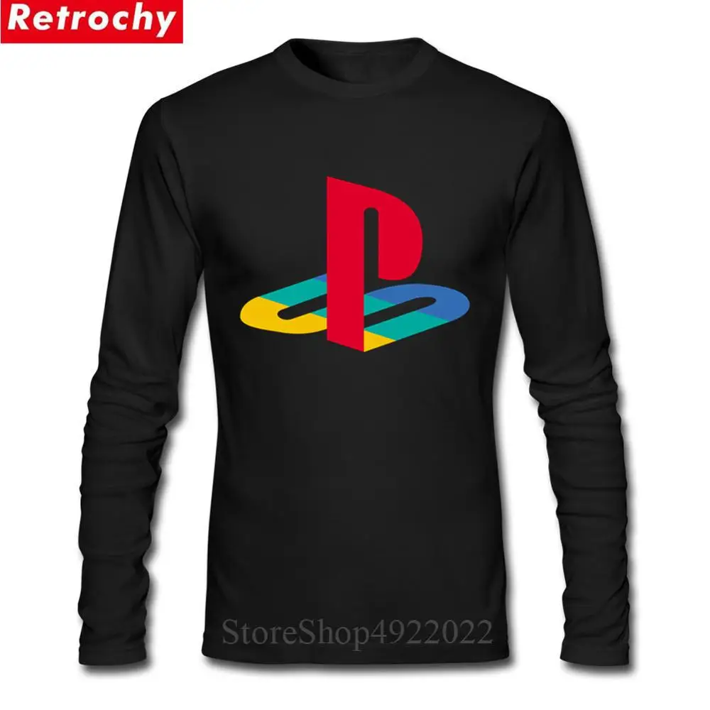 Ретро футболка с логотипом PS мужская футболка для хип хопа Xbox игры Playstation футболка мужская с круглым вырезом и длинными рукавами летние чистые хлопковые футболки в хипстерском стиле - Цвет: Black