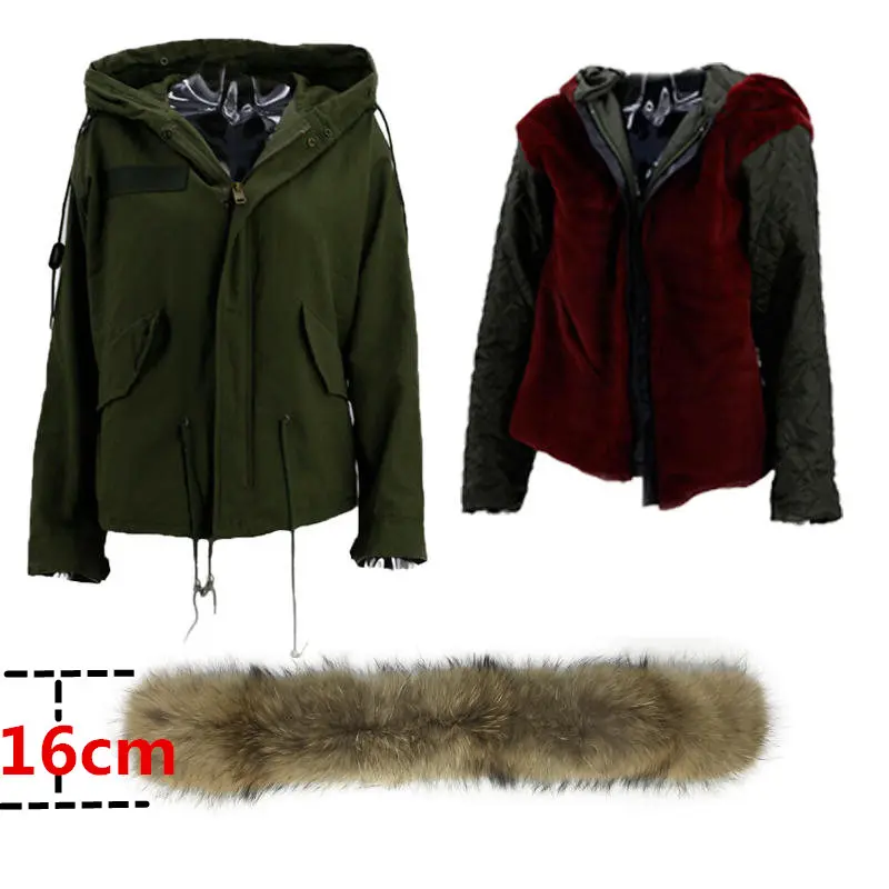 Wine Red Lining 16cm Толстовки с капюшоном из натурального меха, модная Женская Роскошная куртка с большим воротником из меха енота, пальто с капюшоном, новинка, теплые парки, зимние куртки - Цвет: Wine Red Lining 16cm