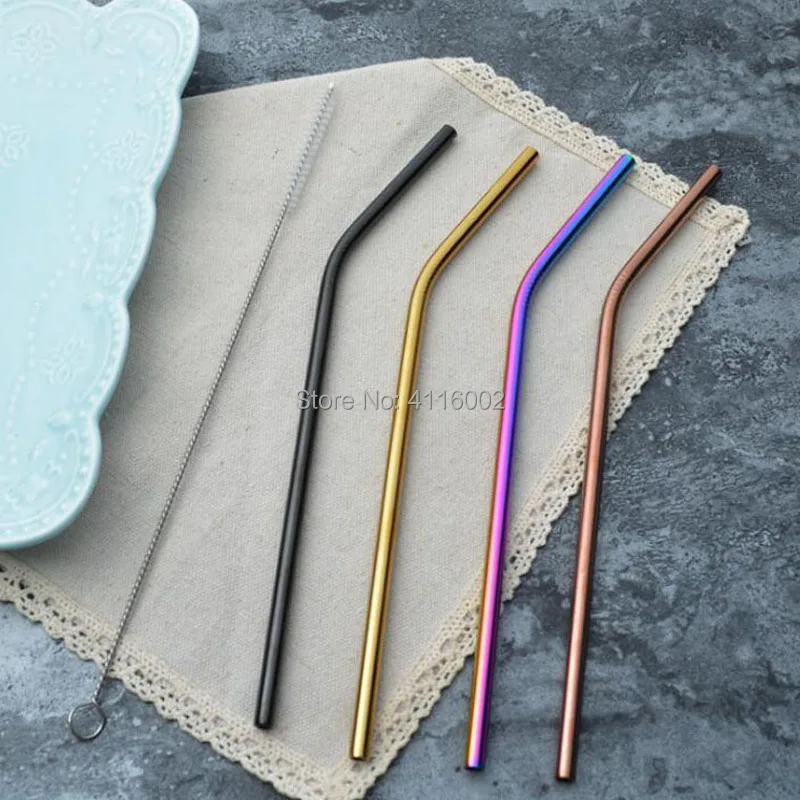 

600pcs 215mm*6mm Colorful Straw 304 Stainless Steel Straws Reusable Bent Metal Drinking Straw with Cleaner Brush