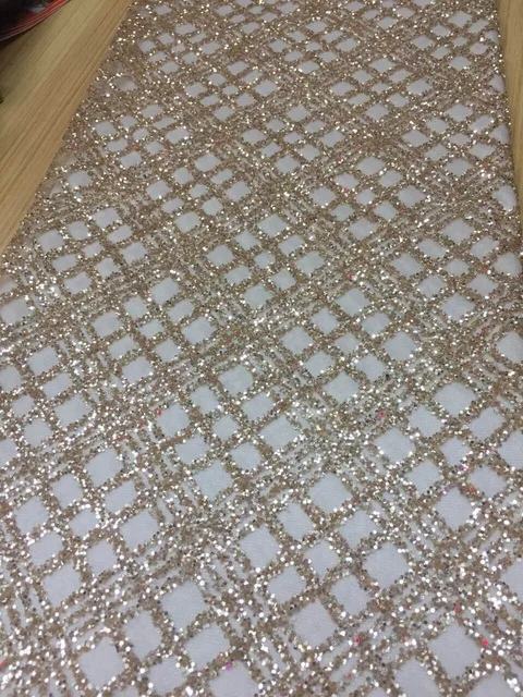 

5yards f399# champagne gold grid luxury pattern hand print sparkle glued glitter african tulle mesh lace for sawing/party