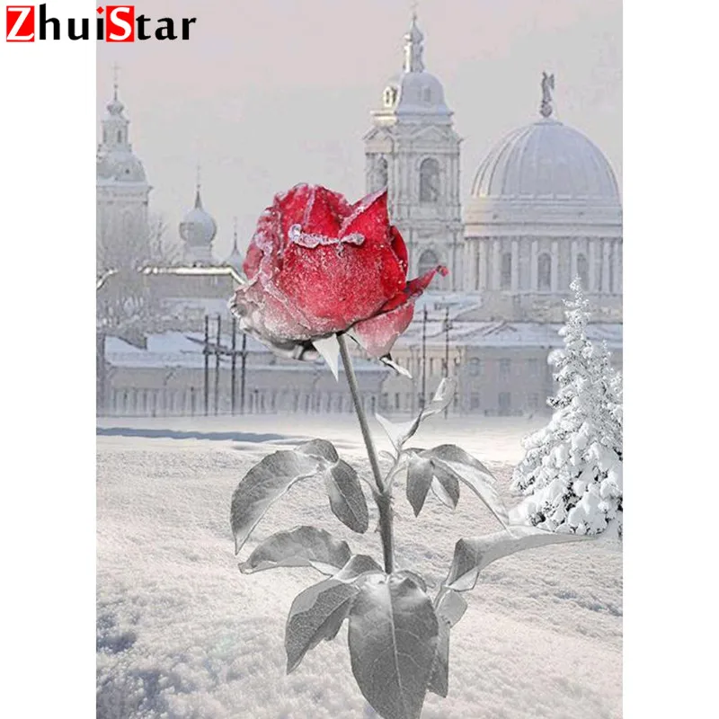 Алмазная вышивка сделай сам пейзаж замок и Роза мозаика картина крестиком