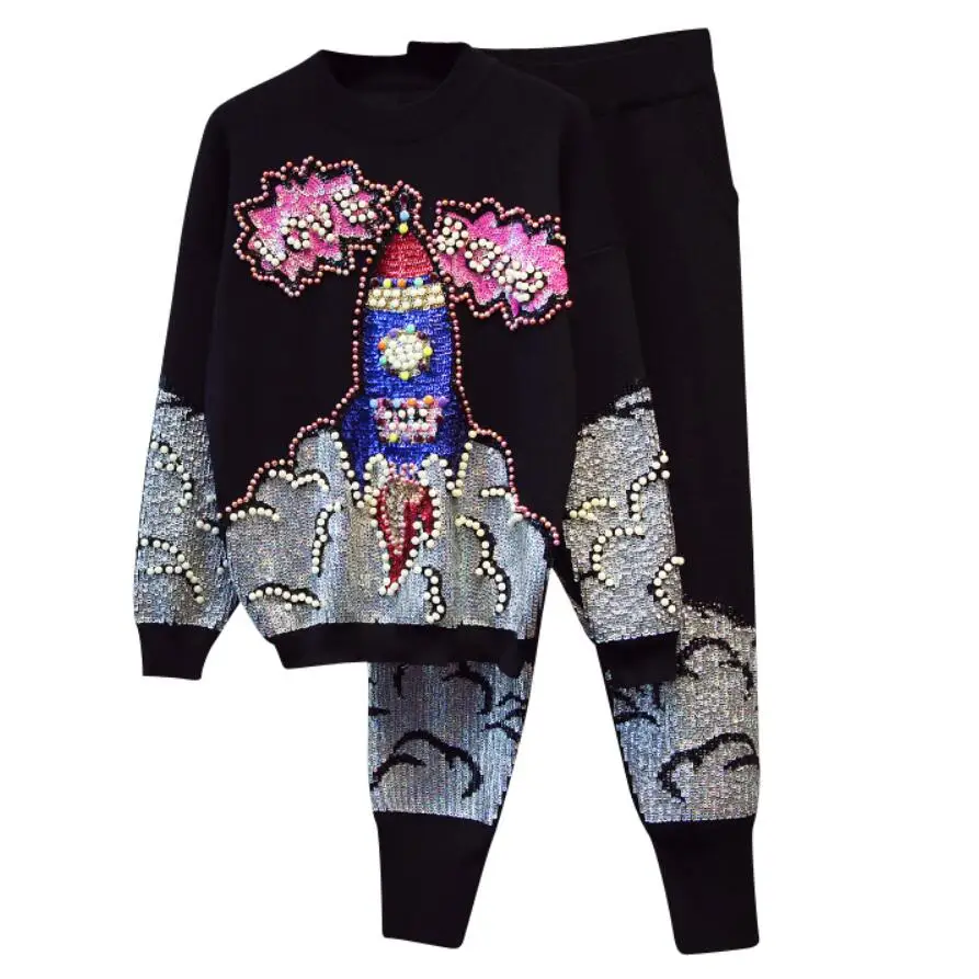 spring autumn new women sequins beading letters long-sleeved loose sweater casual+ pants two pieces sets