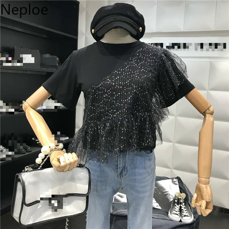 Neploe сетчатые Лоскутные женские футболки Летние новые футболки с круглым вырезом и коротким рукавом Свободные корейские женские топы 44510
