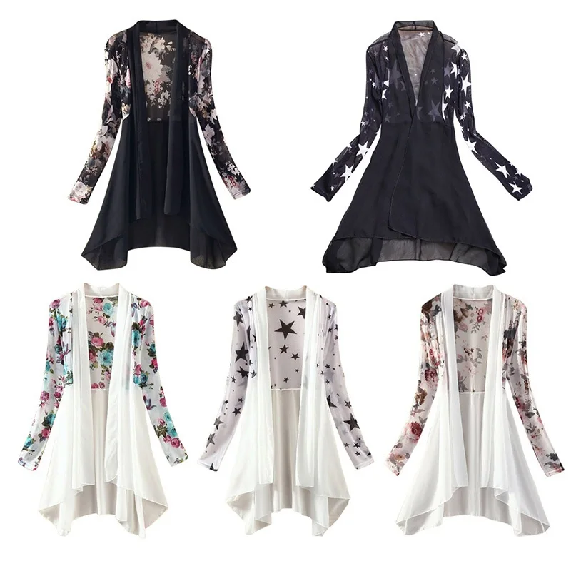 Длинные шифоновые женские рубашки летние женские кимоно, жилет Blusa кондиционер солнцезащитный крем Женские блузки куртки