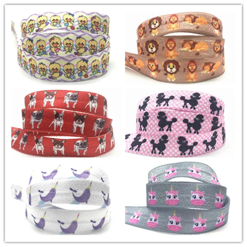 

15mm 10Y New Ribbon Duck Lion Dogs Cow Print Fold Over Elastic Cartoon Animal FOE For Headwear Diy Party Decoration Accessories