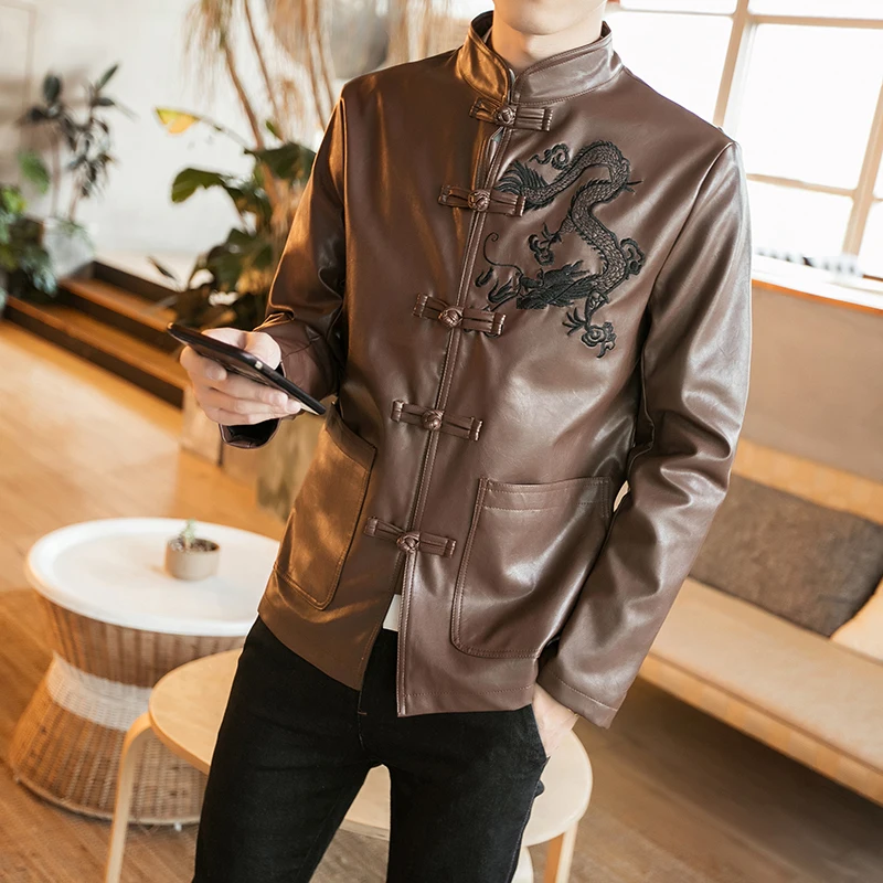 2019 осень зима китайский стиль Вышитые Slim fit Кожаные куртки коричневый и черный