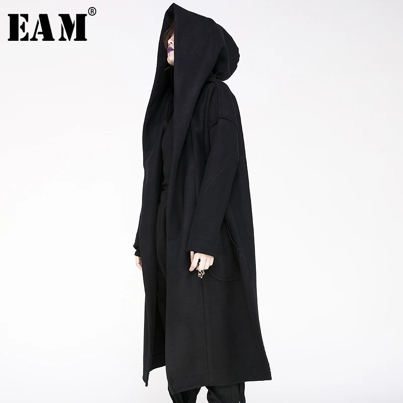[EAM] New Winter Hooded Collar Long Sleeves Pockets Loose Big Side Split Long Big Size Jacket Women Coat Fashion Tide JY521