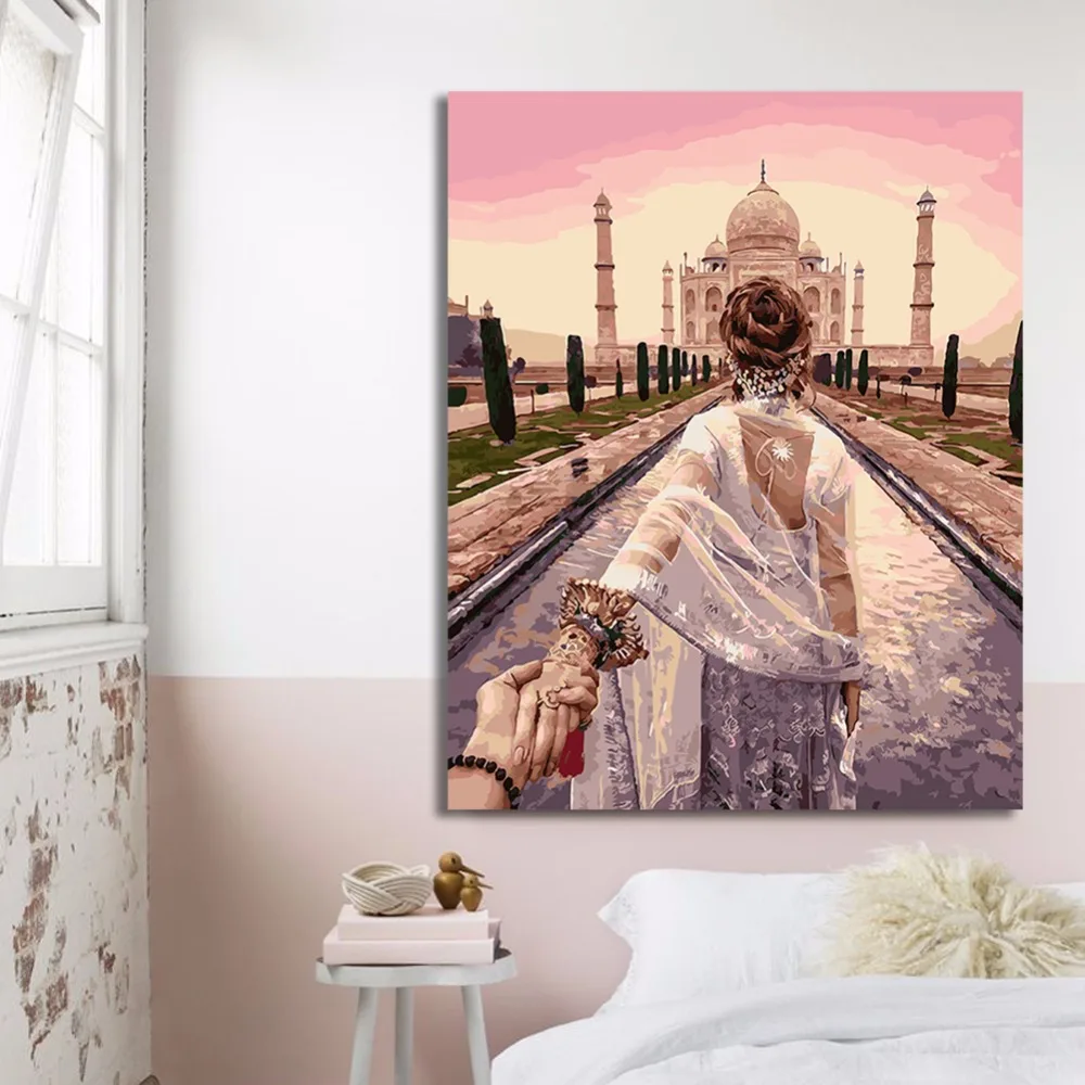 RIHE Свадебные Diy краски по номерам пара масляная краска ing Cuadros Decoracion Акриловая Краска на холсте Тадж-Махал Современная Настенная живопись