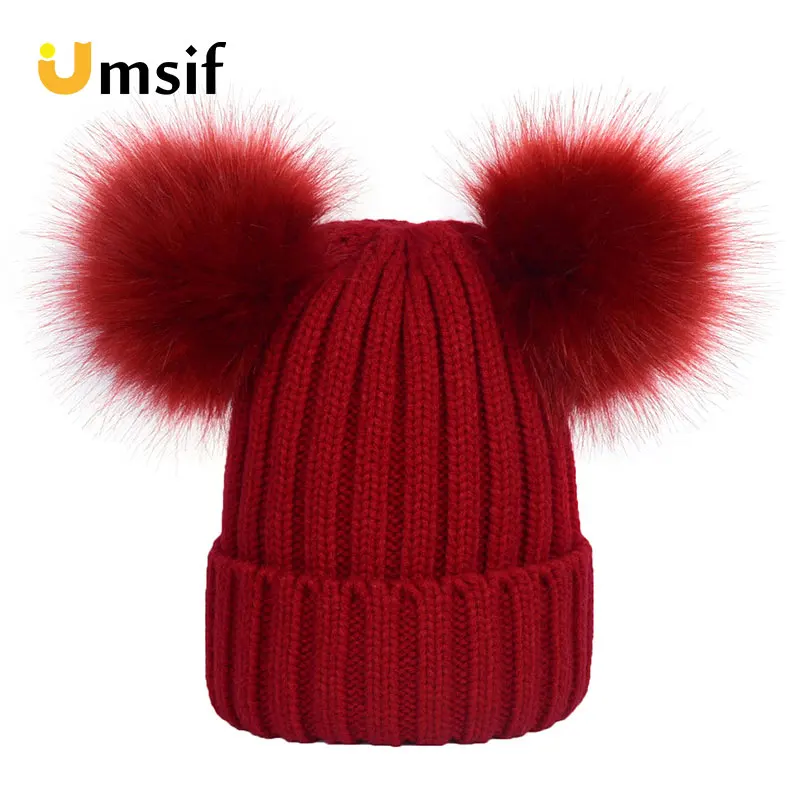 2018 Зимние Модные Женские однотонные толстые шапки для мамы и ребенка двойная