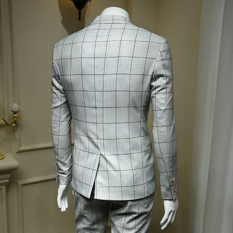 

XM GEEKI Men's Suits Male British Wedding Dresses Fashion Grey White Plaid Suit Blazer Mans Smart Casual Jacket 365wt45