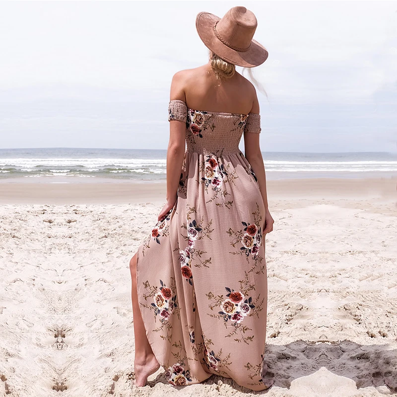 Boho Стиль длинное платье Для женщин Мода с плеча пляжные летние платья Цветочный