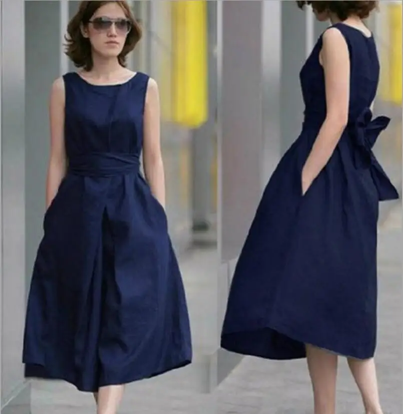 Летнее платье новинка Повседневное для женщин без рукавов с поясом из хлопка и