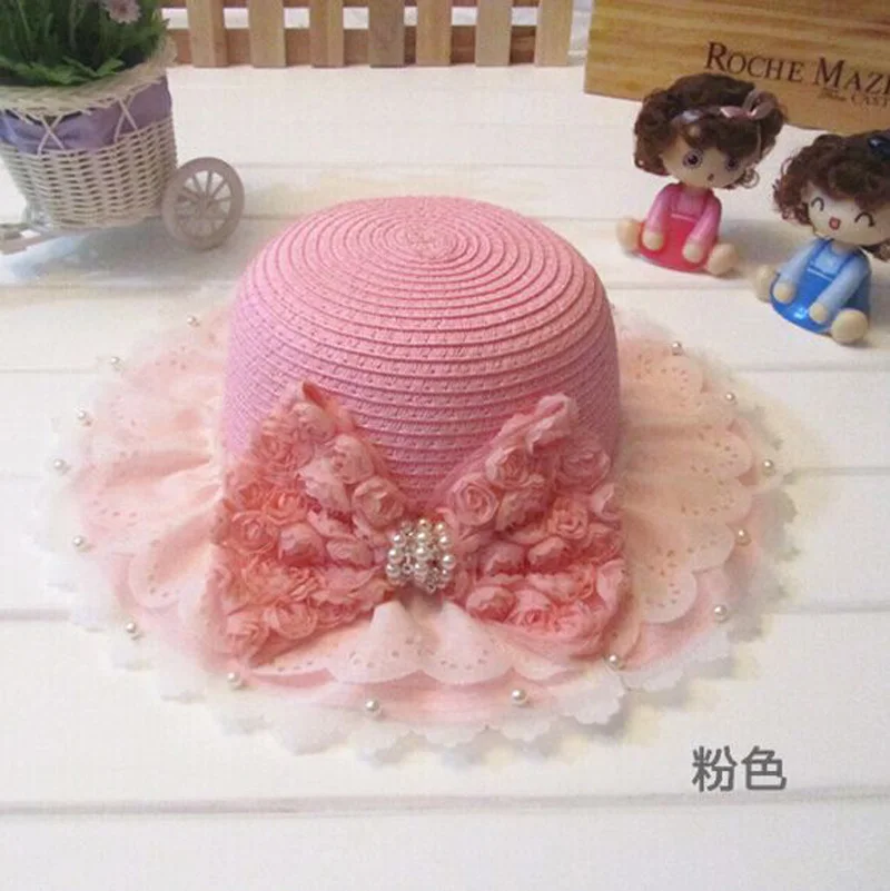 

2016 New Fashion Children's Bud Silk Sun Hat The Girl's Pearl Rose Bow Straw Hats Retail and wholesale