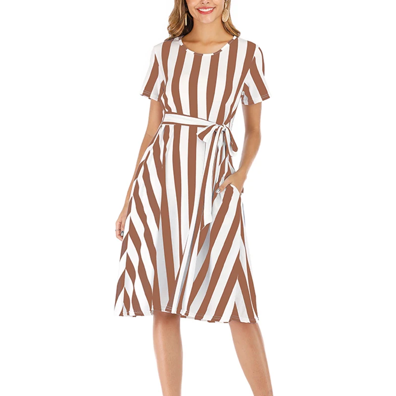 

Summer Dress Women 2019 Vertical Striped O Neck Short Sleeve Loose Dress Ladies Belt Casual Dress With Pocket
