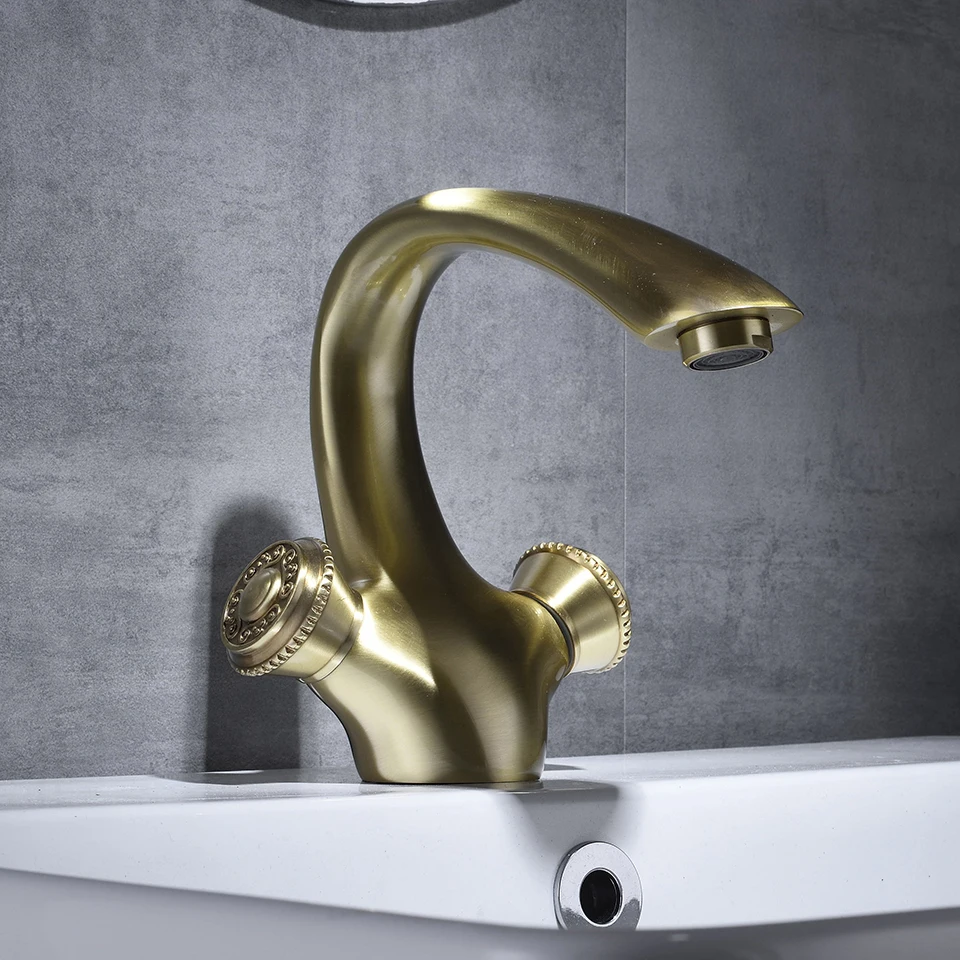

Basin Faucets Brass Antique Deck Mounted Kitchen Bathroom Sink Faucets Dual Handle Washbasin Vintage Carving Hot Cold Mixer Taps