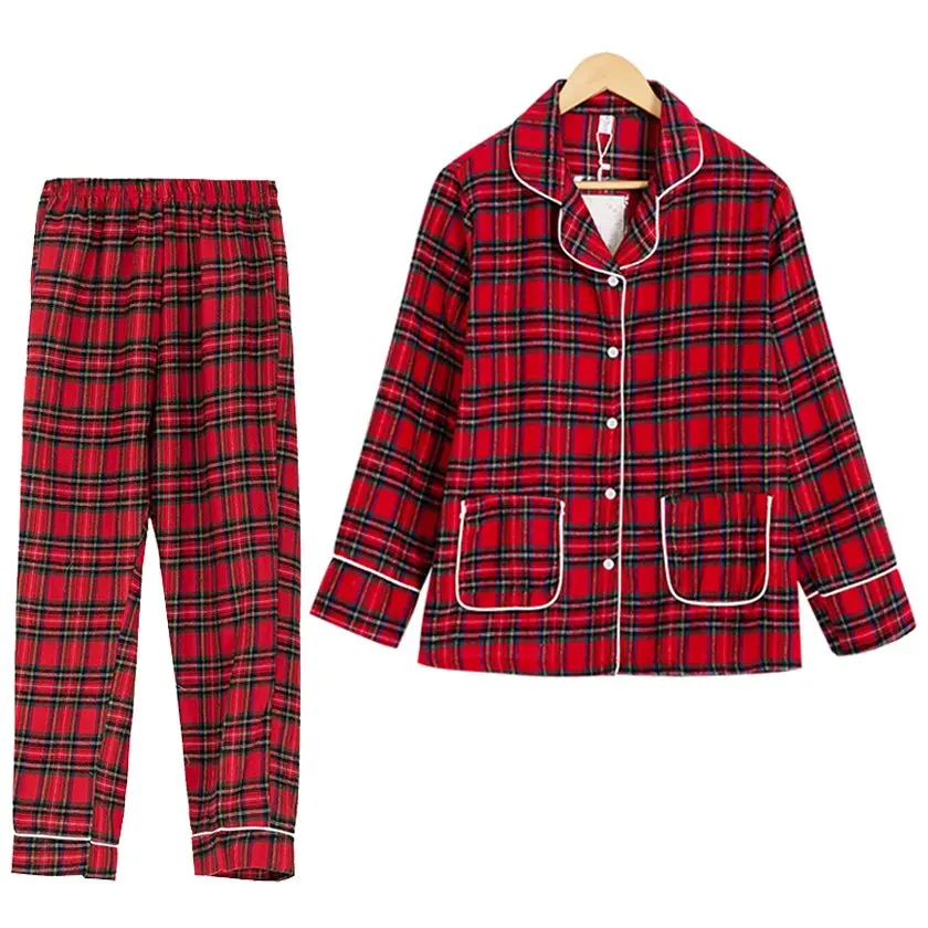 Red plaid Весенне-осенняя клетчатая Пижама, женский топ с отложным воротником и длинными рукавами+ штаны с эластичной резинкой на талии, комплект из 2 предметов, хлопковая Домашняя одежда S70001 - Цвет: Red plaid