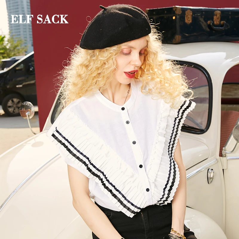 ELFSACK, осенняя Новинка, модная женская рубашка из хлопка, повседневные женские короткие рубашки с оборками, полосатые рубашки с круглым вырезом, женская рубашка для девочек