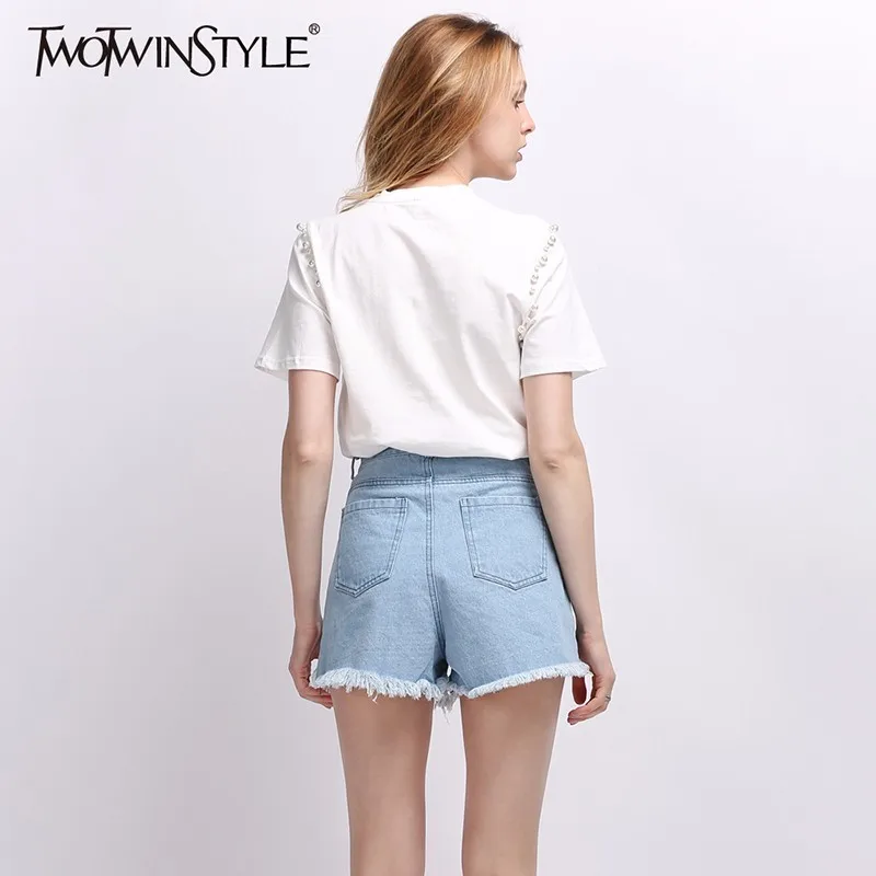 TWOTWINSTYLE, женская футболка с бисером, короткий рукав, круглый вырез, белый пуловер, топы, весна-лето, модная повседневная одежда