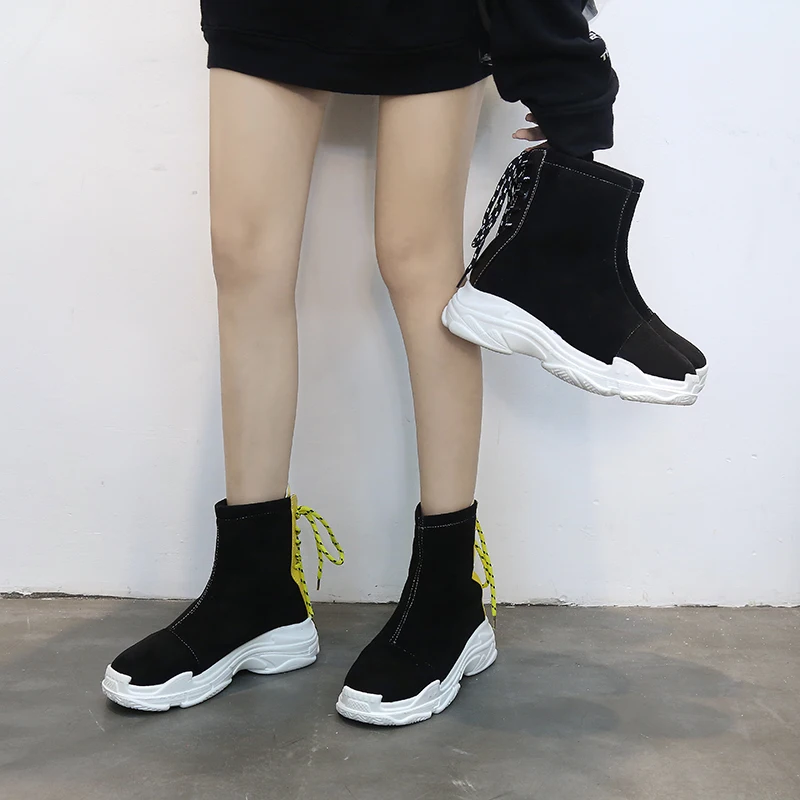 Осенние Дизайнерские ботильоны со шнуровкой сзади женская зимняя обувь на