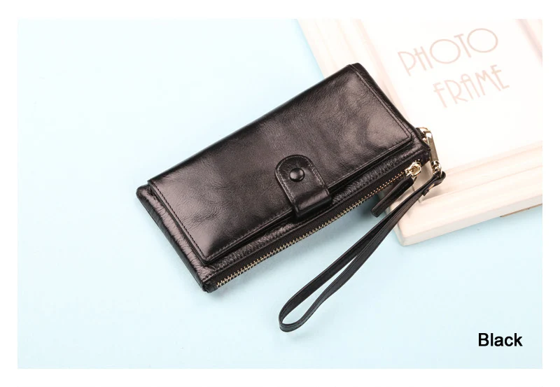 Best Quality! Women Oil Wax Genuine Cowhide Leather Long Zipper Wallet Lady Fashion Clutch Purse Bag With Strap 7 colors 2153 - Цвет: Черный