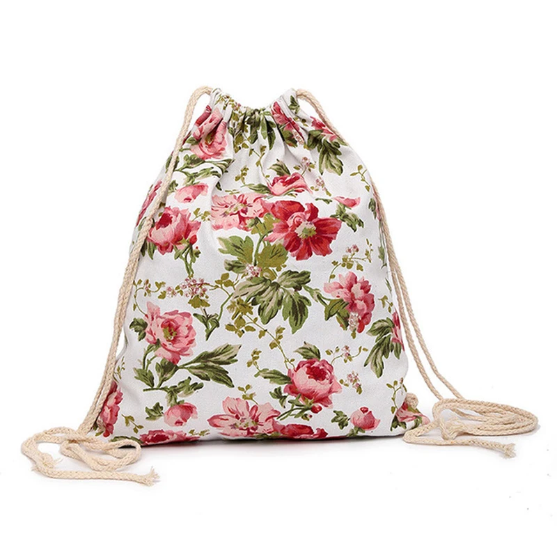 18PCS / LOT Fashion Flower Drawstring Bags Canvas Women Shopping Backpack Travel Portable Multifunctional Reusable Bag Wholesale | Багаж и