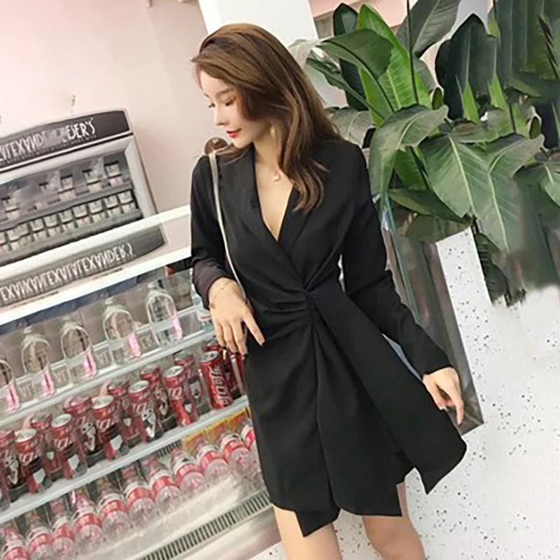 CHICEVER корейское однотонное женское платье с отложным воротником длинным рукавом