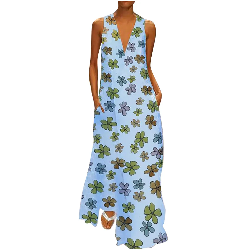 Летнее модное женское платье с цветочным принтом без рукавов v образный вырез
