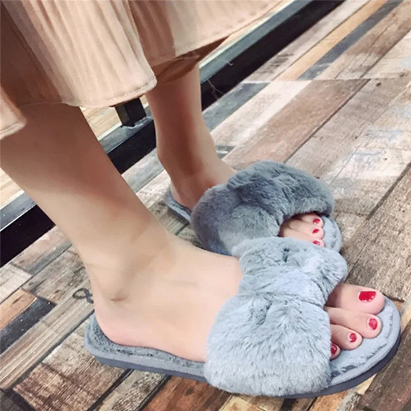2019 Winter Women's Bow Warm Plush Fur Slippers Female Flat Soft Sliders Home Floor Indoor Bedroom Shoes #40 | Обувь