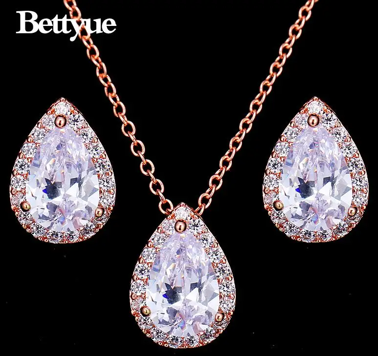 rose gold Bettyue модный бренд Лидер продаж AAA многоцветный Циркон личности капли воды кулон Ювелирные наборы для женщин свадебный кулон подарок - Окраска металла: rose gold